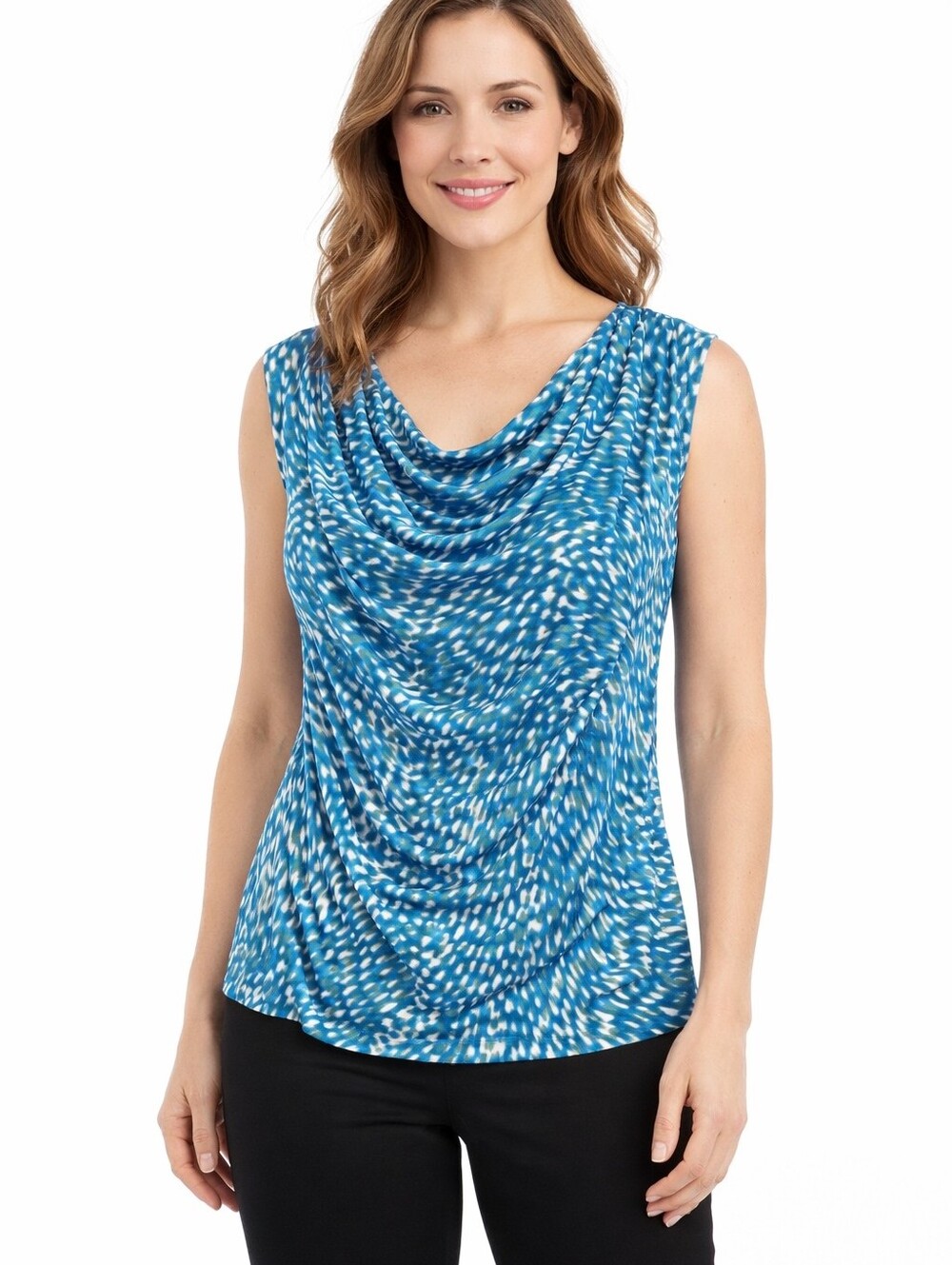 Jones NY Blue, White & Green Ocean Patterned Ruched Sleeveless Blouse Small